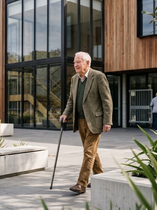 A man walking with a Rise cane outside a modern building